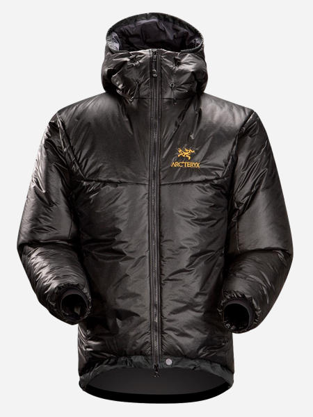 Single product photo of an all-black jacket with a gold bird logo.