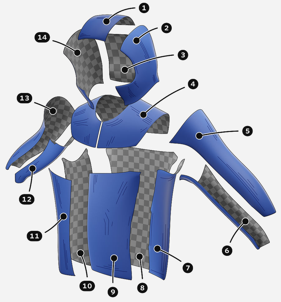 A 3D rendered exploded view of all of the exterior panels, sliced along the seams, and moved apart from each other. Then numbered, one to fourteen, in a clockwise manner. The exterior faces are blue, and the interior faces are a grey checkerboard pattern.